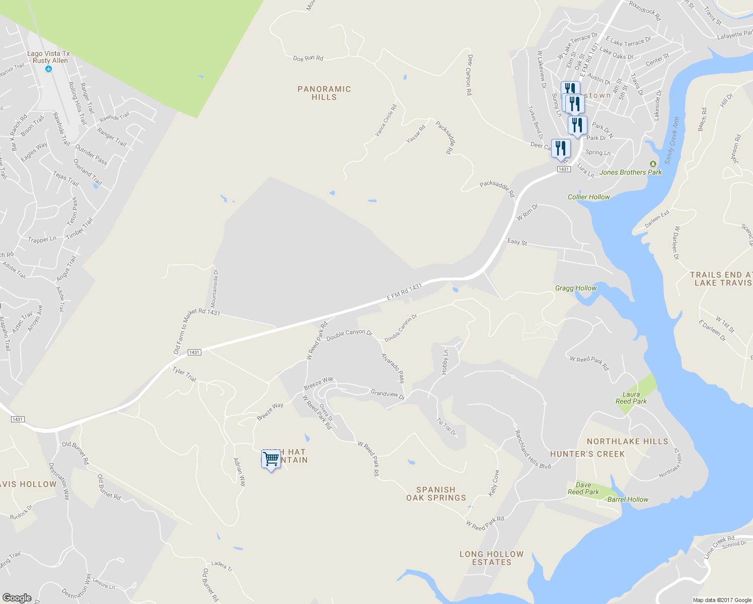map of restaurants, bars, coffee shops, grocery stores, and more near 19100 Farm to Market 1431 in Jonestown