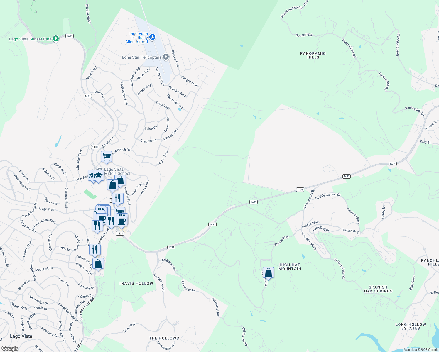 map of restaurants, bars, coffee shops, grocery stores, and more near 19831 Old Farm to Market Road 1431 in Lago Vista