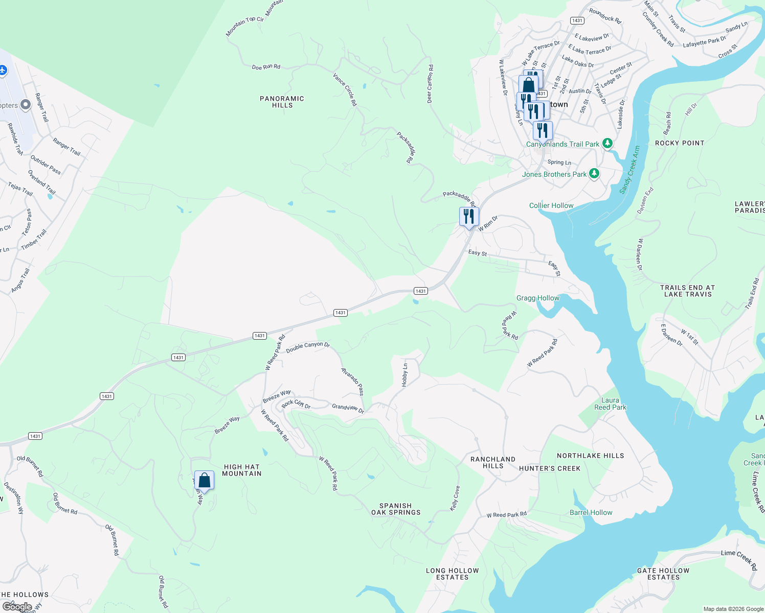 map of restaurants, bars, coffee shops, grocery stores, and more near 18844-19198 Farm to Market 1431 in Jonestown