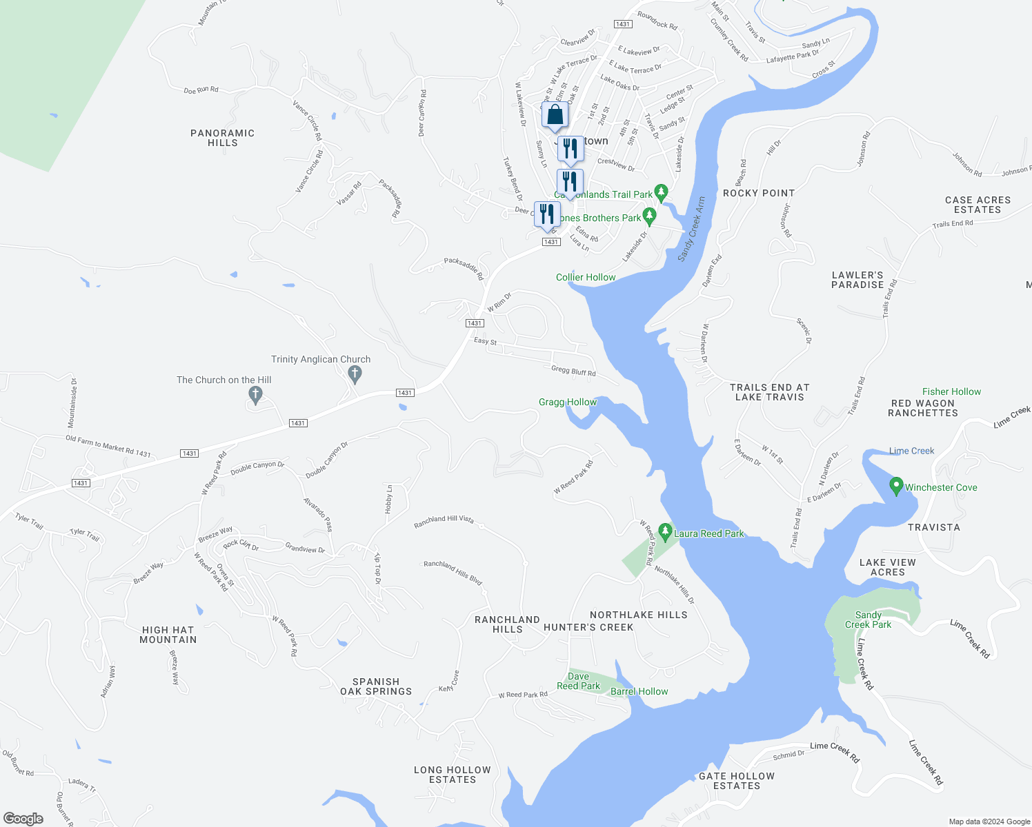 map of restaurants, bars, coffee shops, grocery stores, and more near 17300 West Reed Park Road in Jonestown