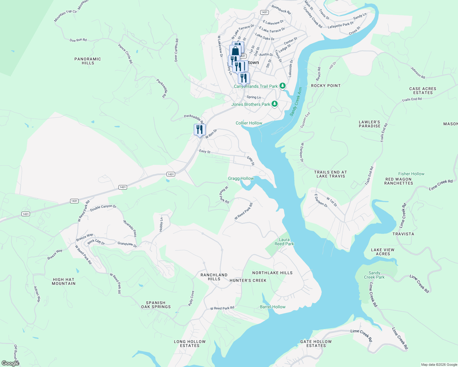 map of restaurants, bars, coffee shops, grocery stores, and more near 17300 West Reed Park Road in Buda