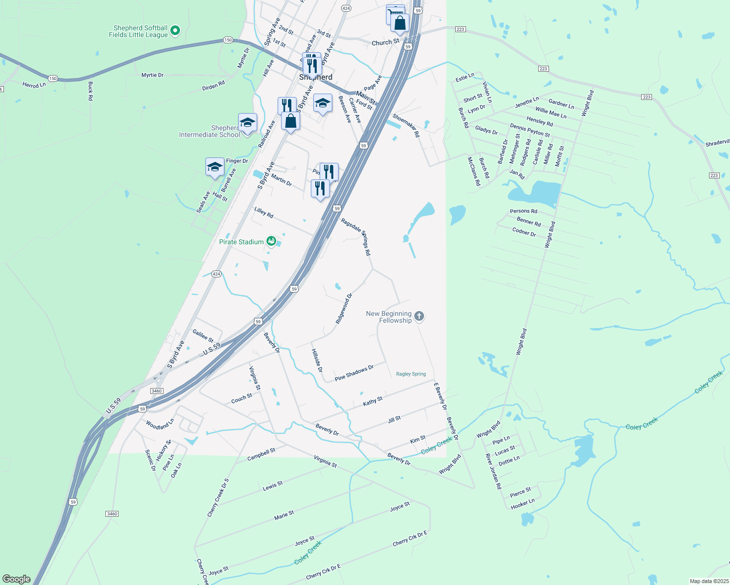 map of restaurants, bars, coffee shops, grocery stores, and more near 101 Ridgewood Dr in Shepherd