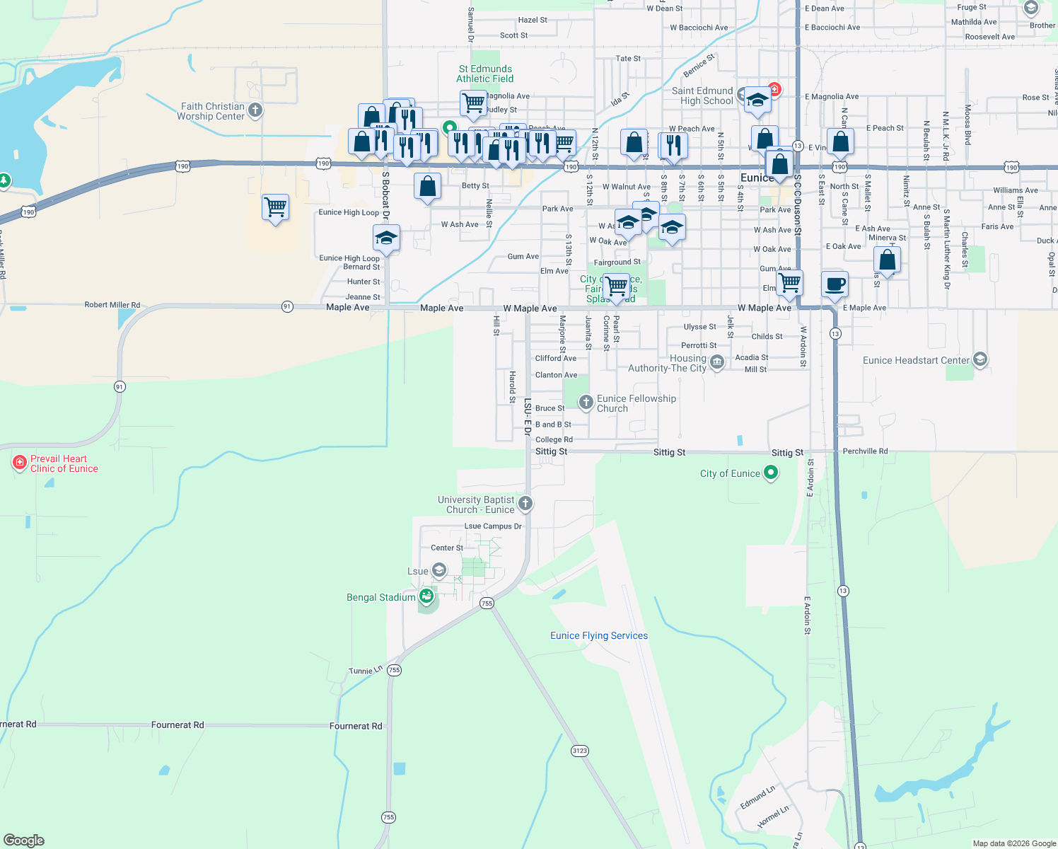 map of restaurants, bars, coffee shops, grocery stores, and more near 1398 B and B St in Eunice