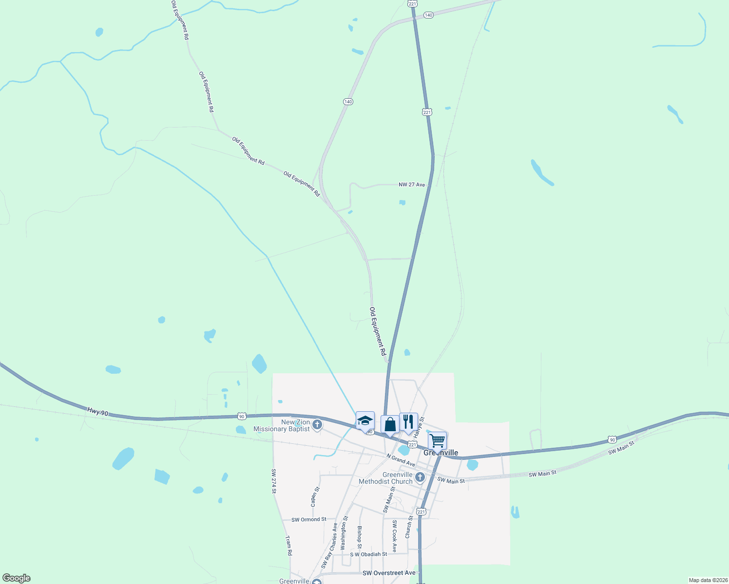 map of restaurants, bars, coffee shops, grocery stores, and more near 519 County Road 140 in Greenville
