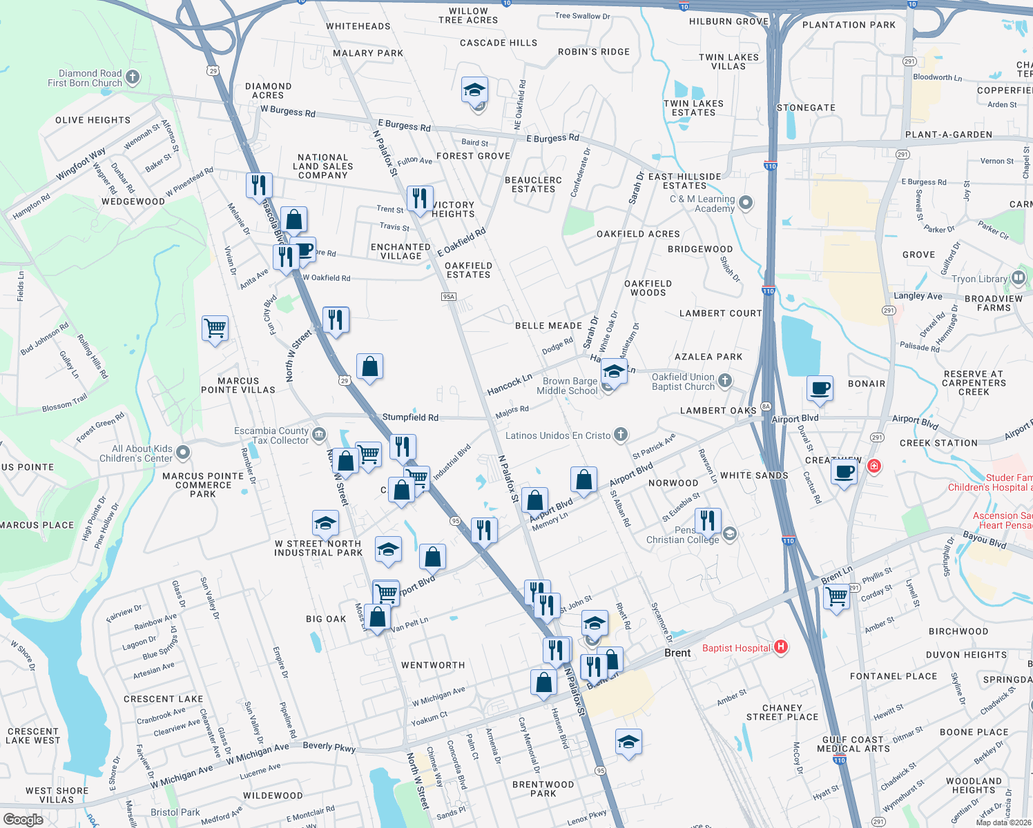 map of restaurants, bars, coffee shops, grocery stores, and more near 29 Majors Road in Pensacola