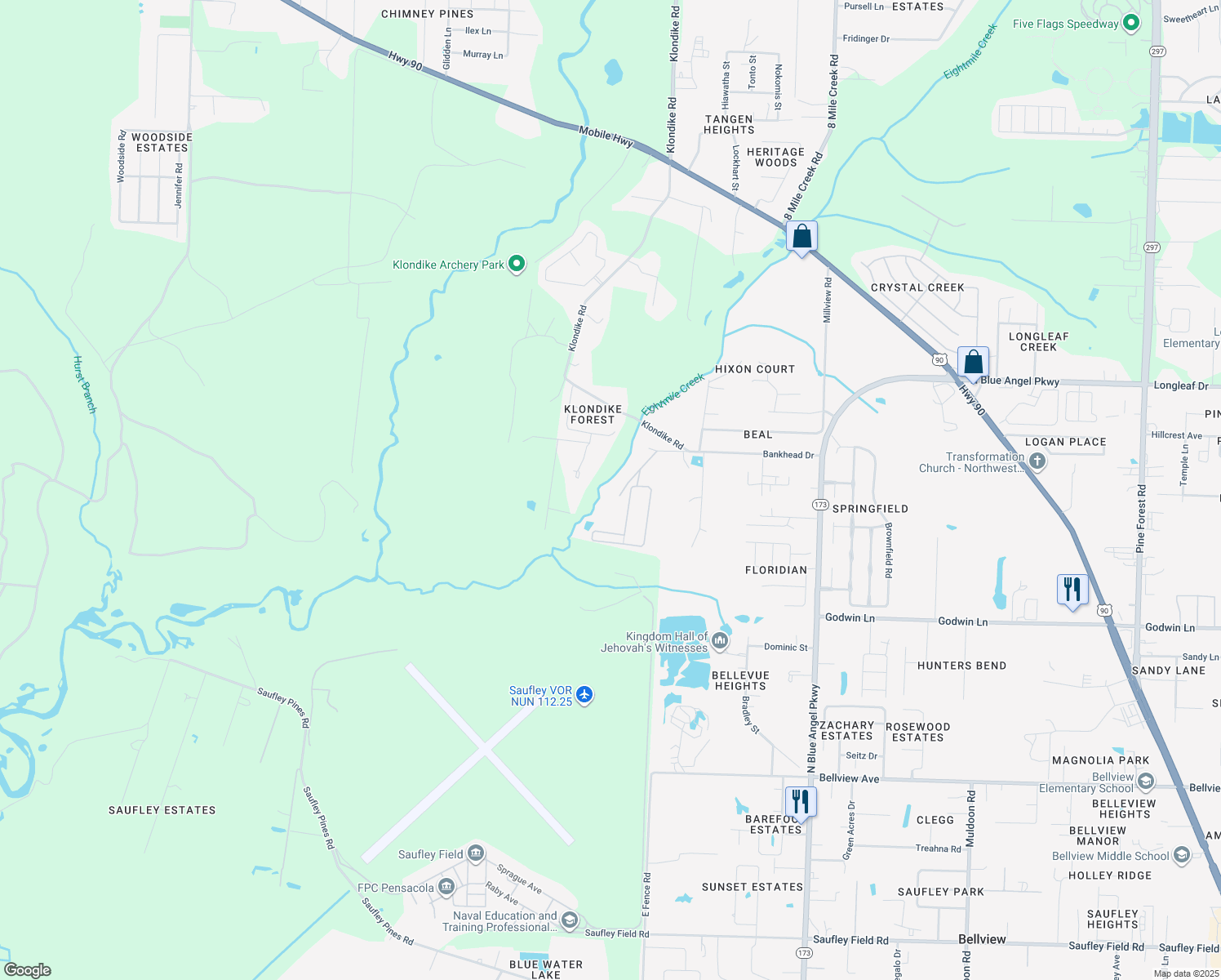 map of restaurants, bars, coffee shops, grocery stores, and more near 6931 Cedar Lake Drive in Pensacola