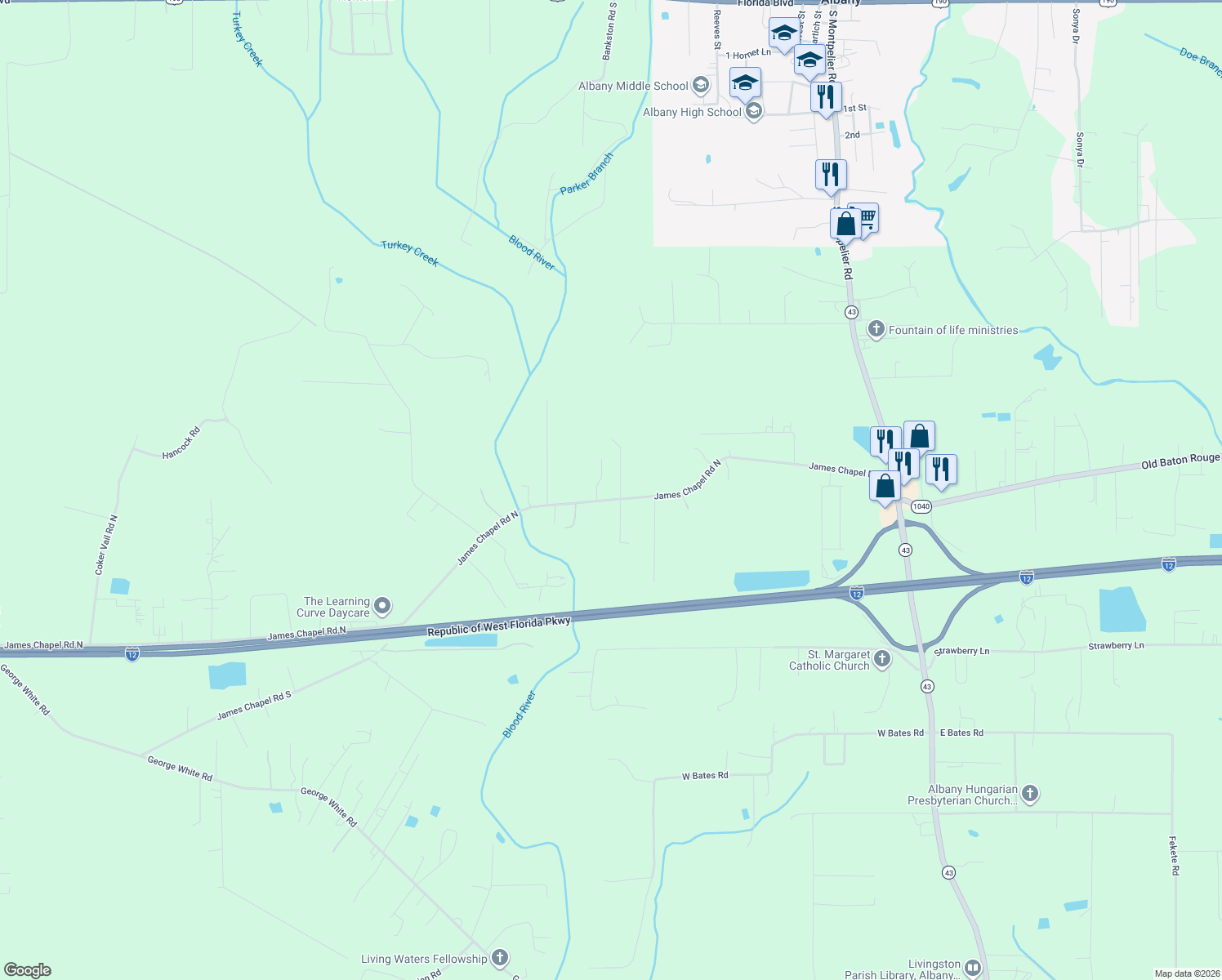 map of restaurants, bars, coffee shops, grocery stores, and more near 29300 James Chapel Road North in Albany