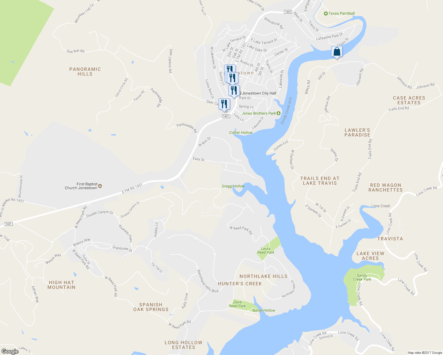 map of restaurants, bars, coffee shops, grocery stores, and more near 18209 Gregg Bluff Road in Jonestown