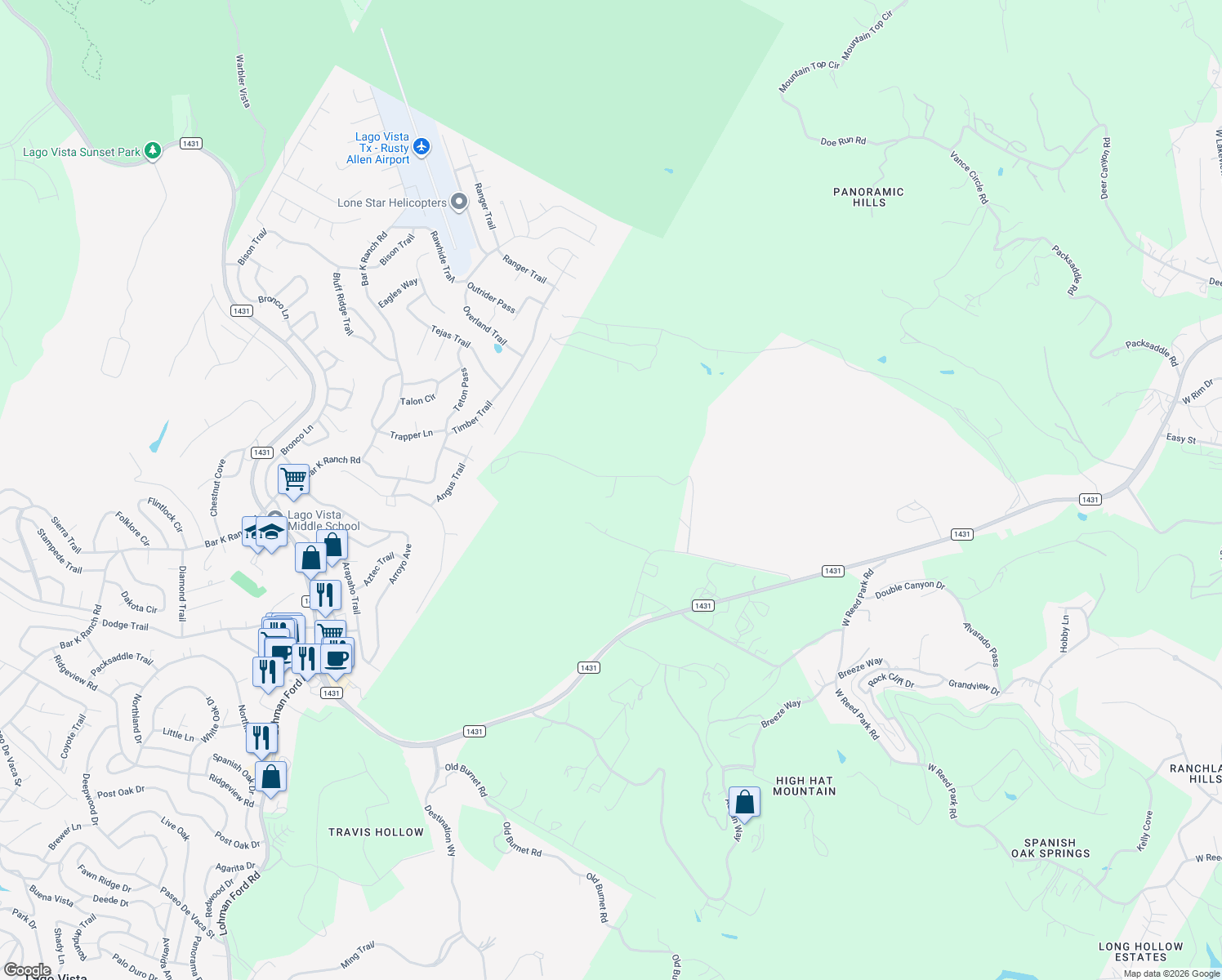 map of restaurants, bars, coffee shops, grocery stores, and more near 19800 Mountainside Drive in Leander