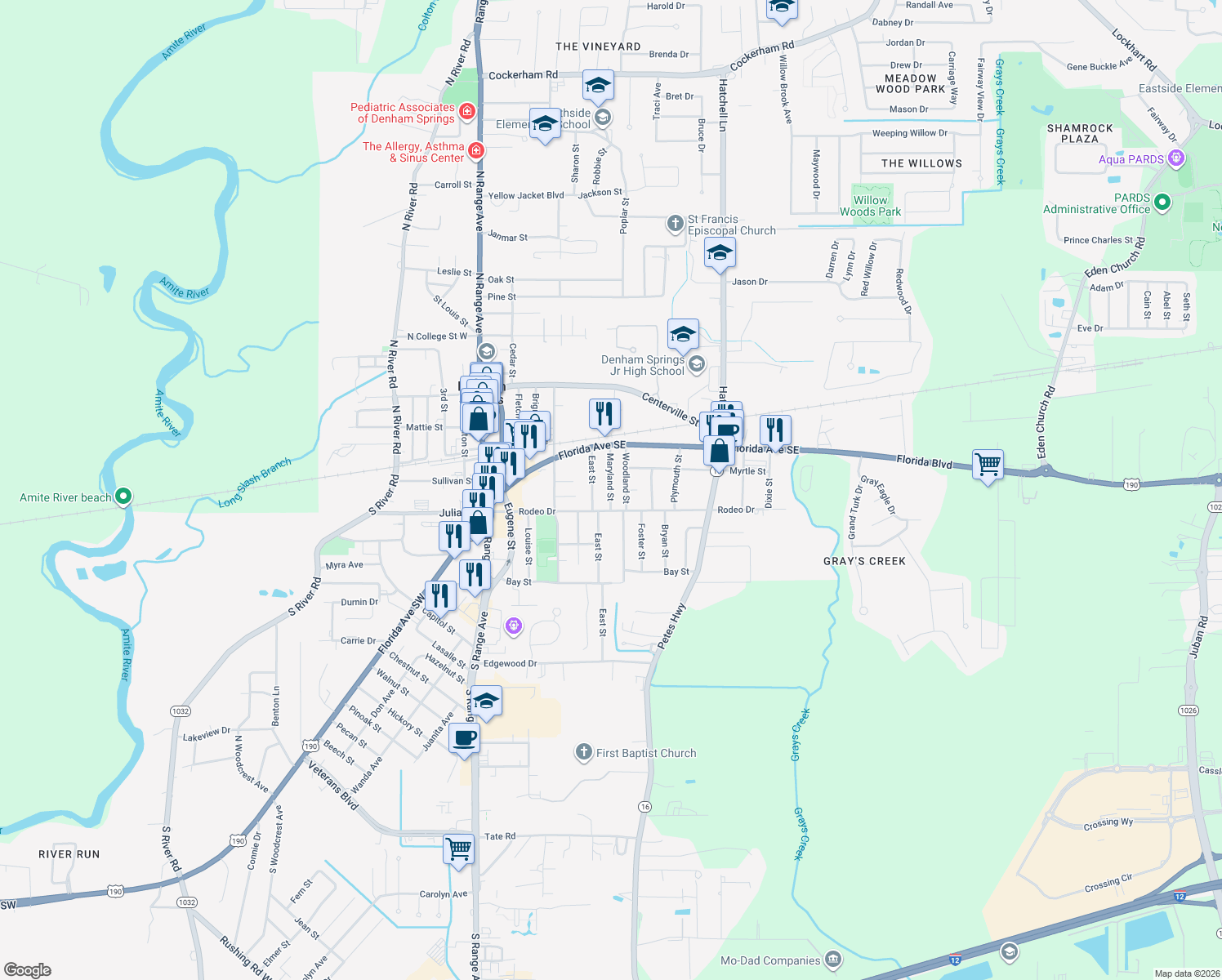 map of restaurants, bars, coffee shops, grocery stores, and more near 231 Maryland Street in Denham Springs