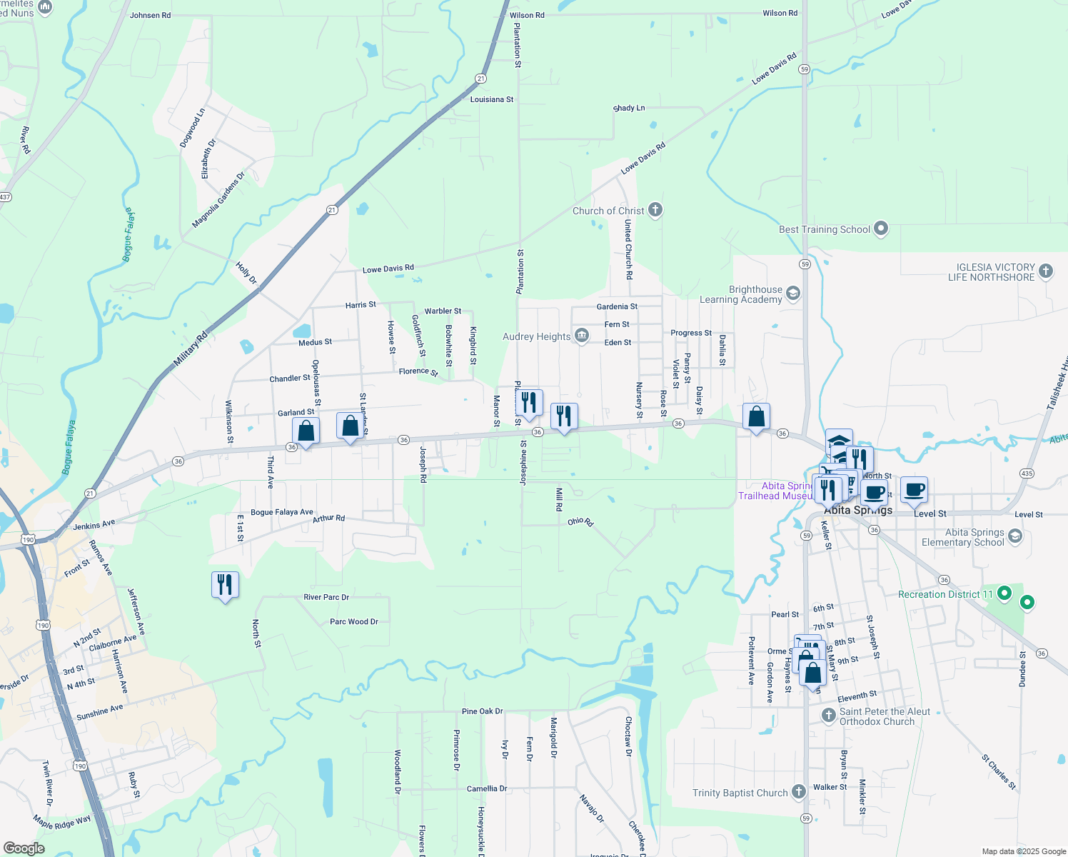 map of restaurants, bars, coffee shops, grocery stores, and more near 72297 Homestead Street in Covington