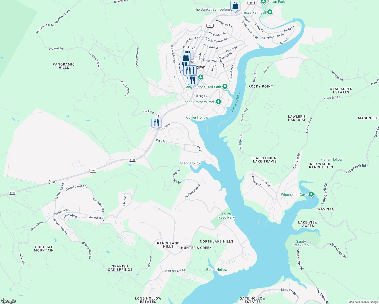 map of restaurants, bars, coffee shops, grocery stores, and more near 18111 Gregg Bluff Road in Jonestown