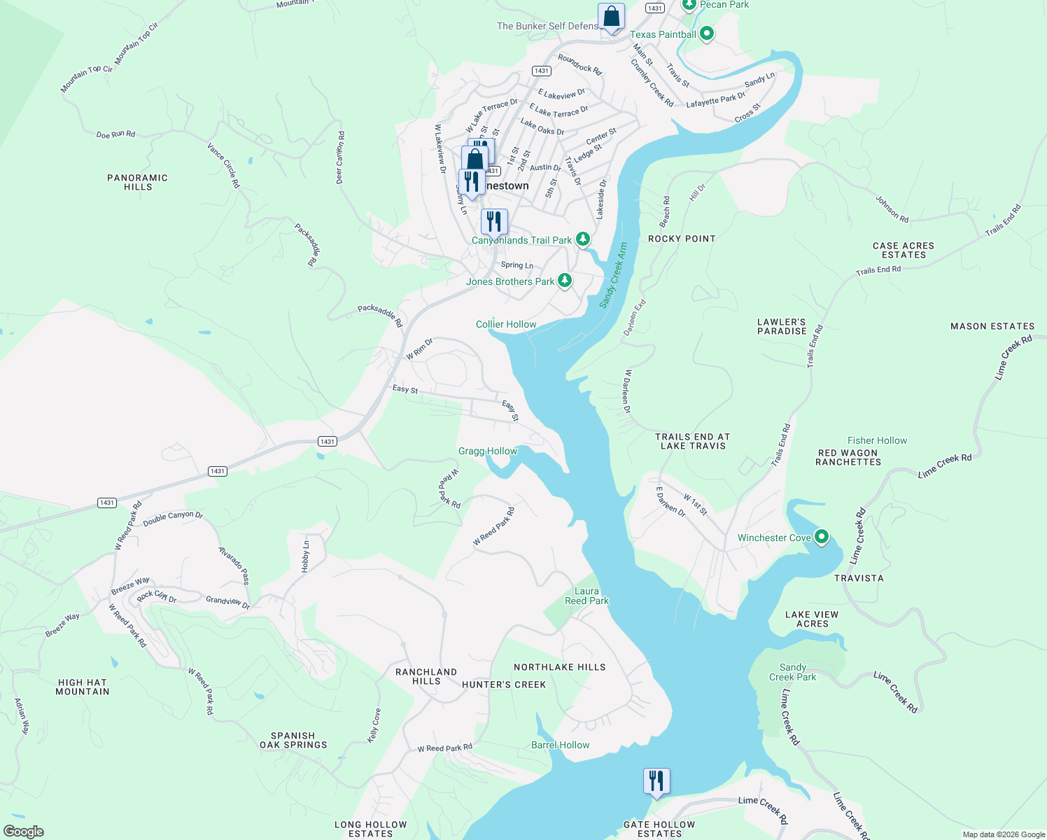 map of restaurants, bars, coffee shops, grocery stores, and more near 17926 Easy Street in Jonestown