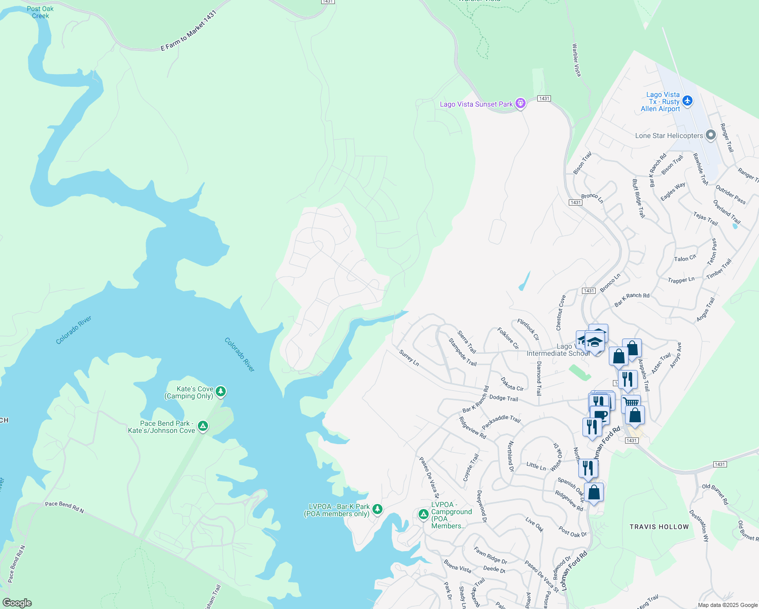 map of restaurants, bars, coffee shops, grocery stores, and more near 7901 Tessera Parkway in Meadowlakes