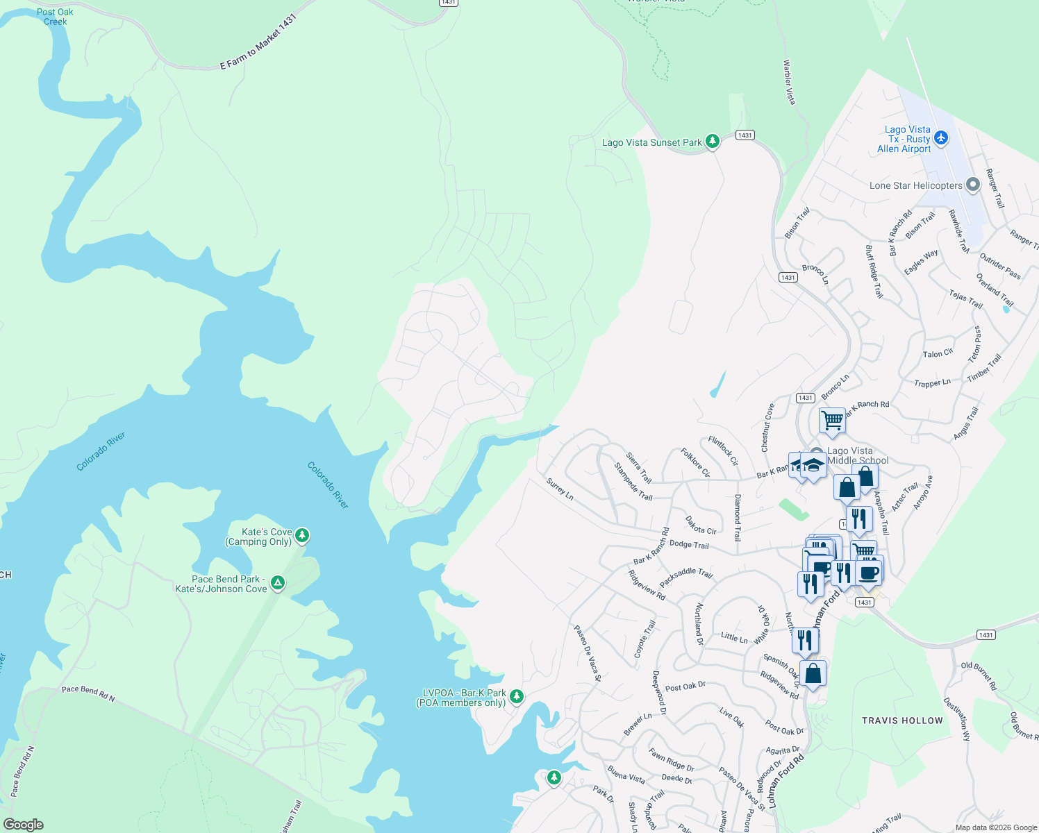 map of restaurants, bars, coffee shops, grocery stores, and more near 7901 Tessera Parkway in Meadowlakes