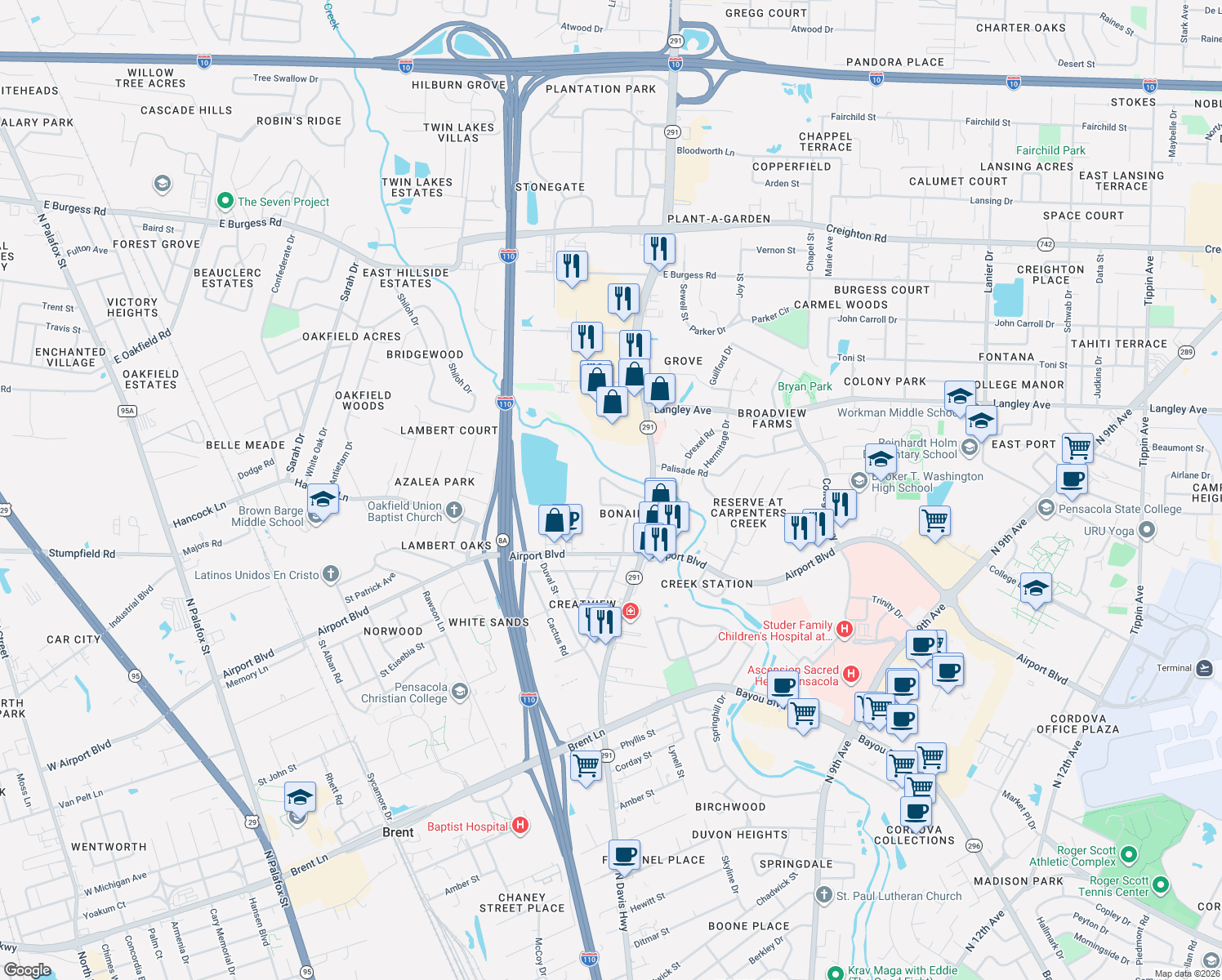 map of restaurants, bars, coffee shops, grocery stores, and more near 6128 Walton Street in Pensacola