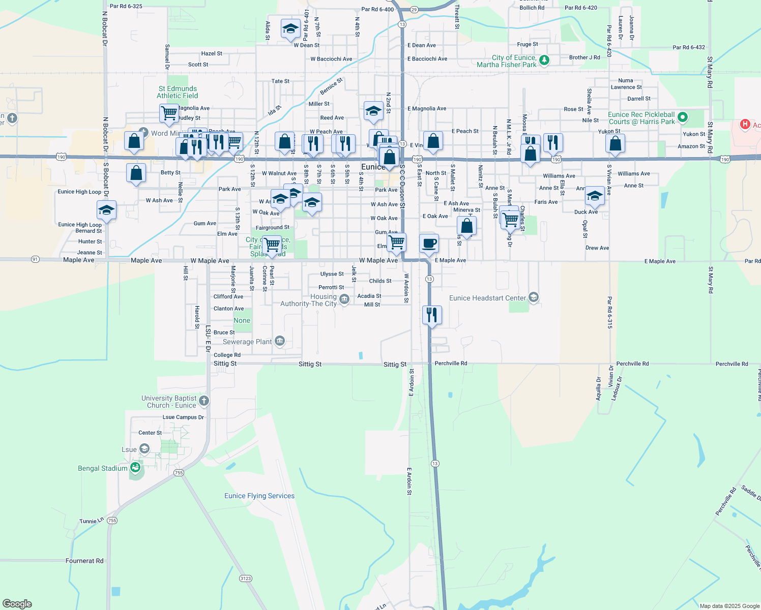 map of restaurants, bars, coffee shops, grocery stores, and more near 198 Mill St in Eunice
