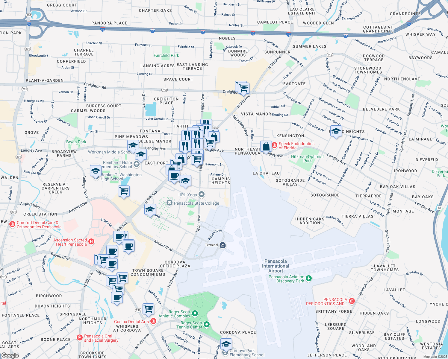 map of restaurants, bars, coffee shops, grocery stores, and more near 6101 Airlane Drive in Pensacola
