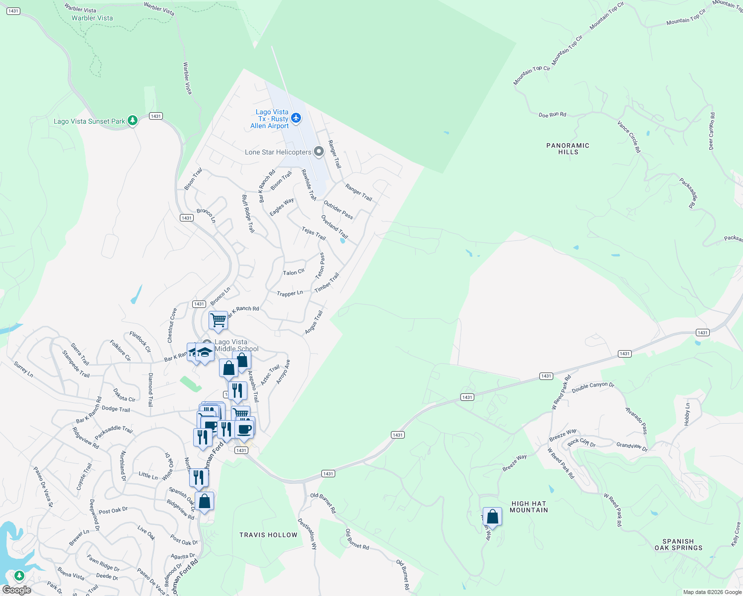 map of restaurants, bars, coffee shops, grocery stores, and more near 19800 Mountain Side in Leander