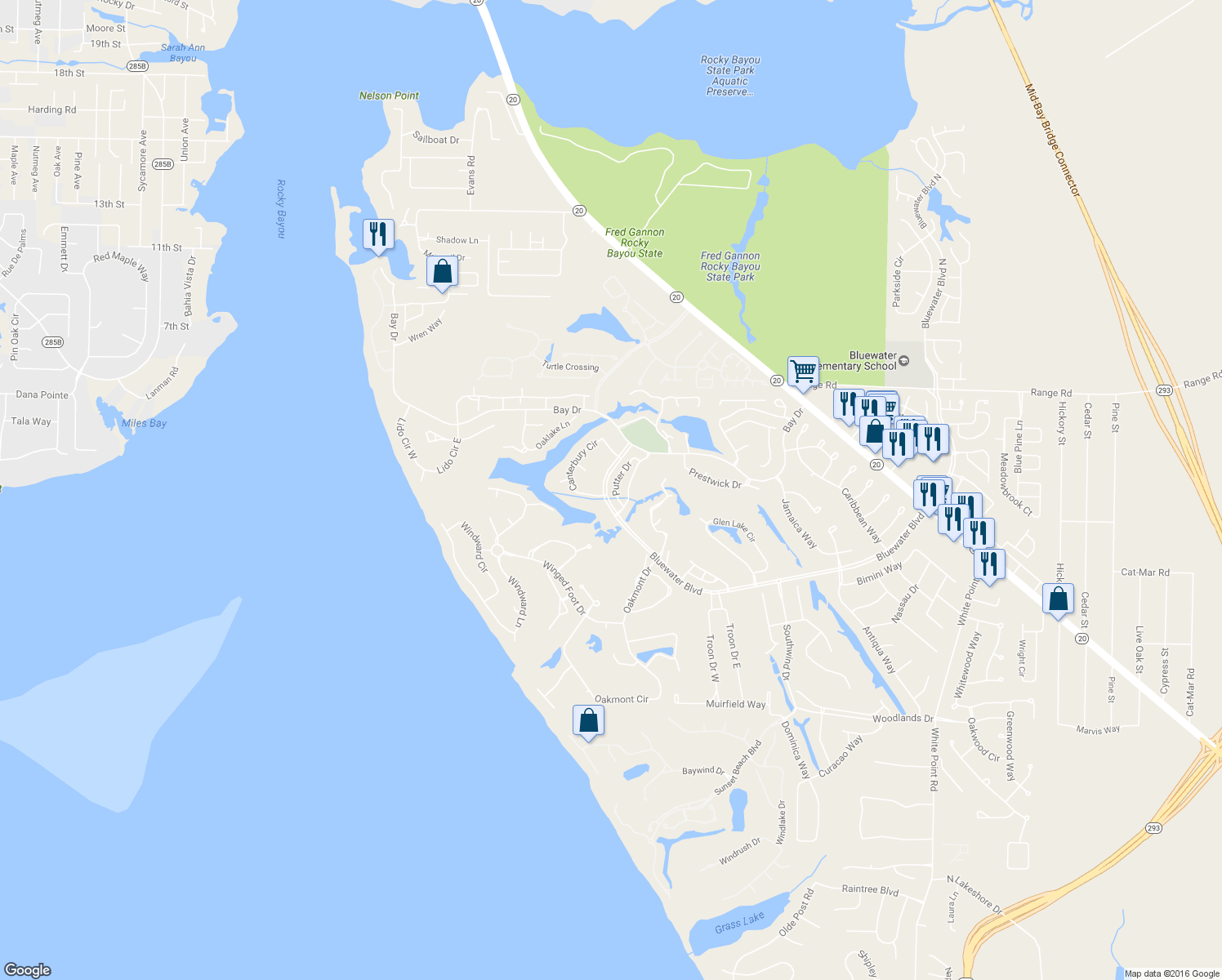 map of restaurants, bars, coffee shops, grocery stores, and more near 101-115 Canterbury Cir in Niceville