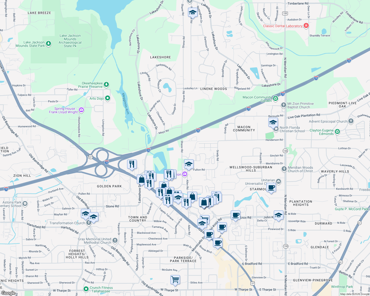 map of restaurants, bars, coffee shops, grocery stores, and more near 2927 Sharer Road in Tallahassee