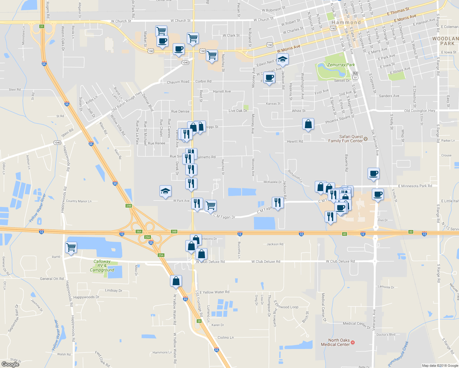 map of restaurants, bars, coffee shops, grocery stores, and more near 1502-1503 Natchez Street in Hammond