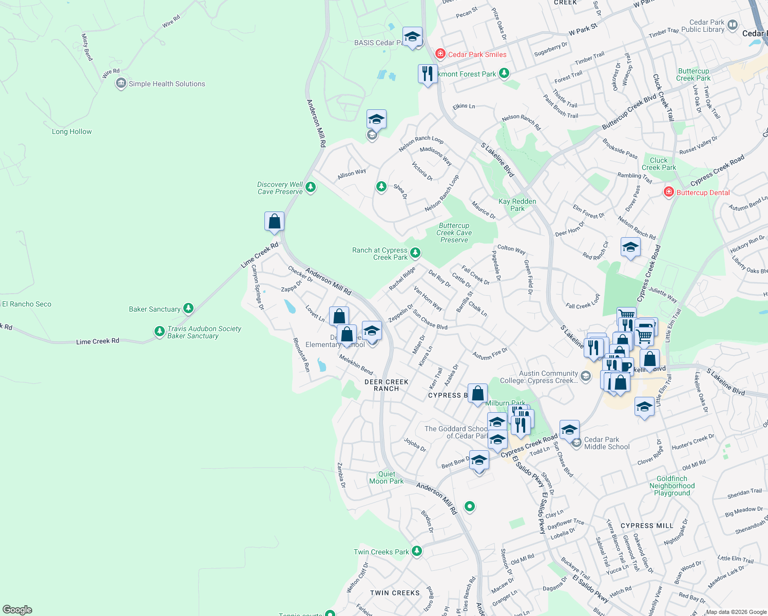 map of restaurants, bars, coffee shops, grocery stores, and more near 2207 Rachel Ridge in Cedar Park