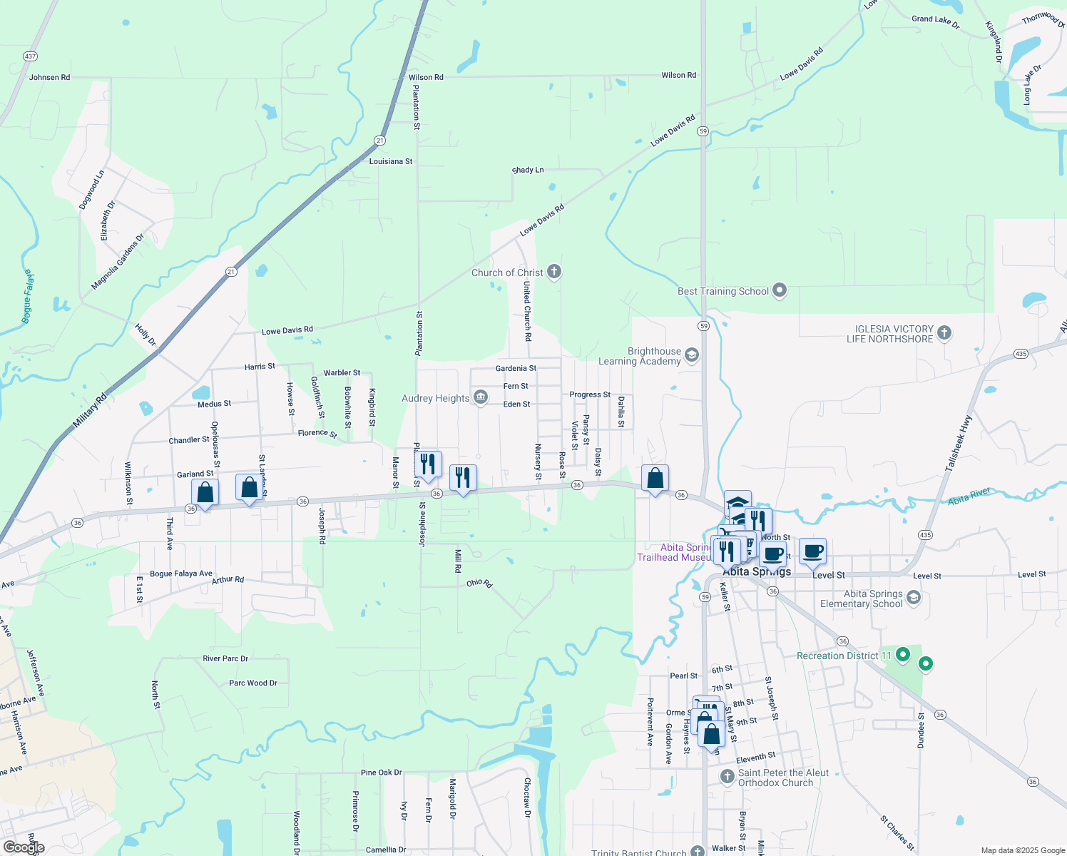 map of restaurants, bars, coffee shops, grocery stores, and more near 72417 Nursery Street in Covington