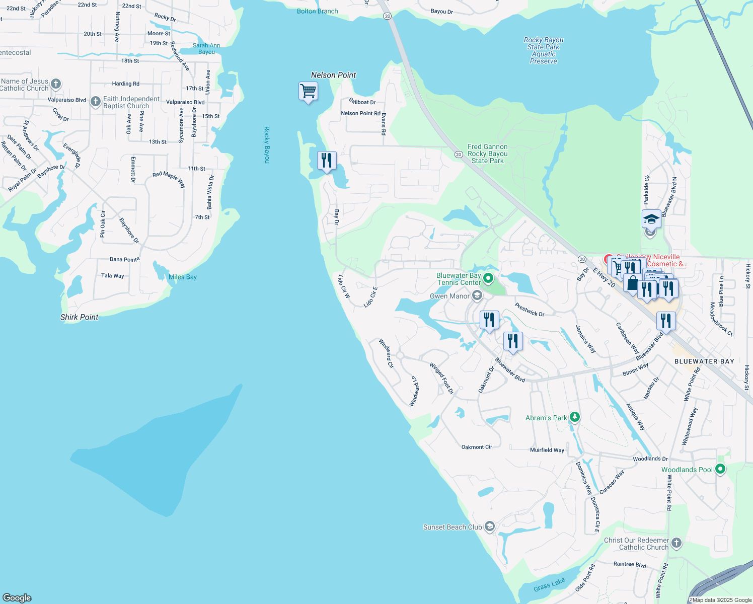 map of restaurants, bars, coffee shops, grocery stores, and more near 909 Lido Circle East in Niceville
