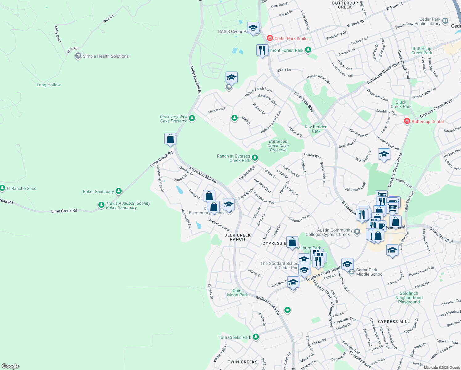 map of restaurants, bars, coffee shops, grocery stores, and more near 2207 Rachel Ridge in Cedar Park