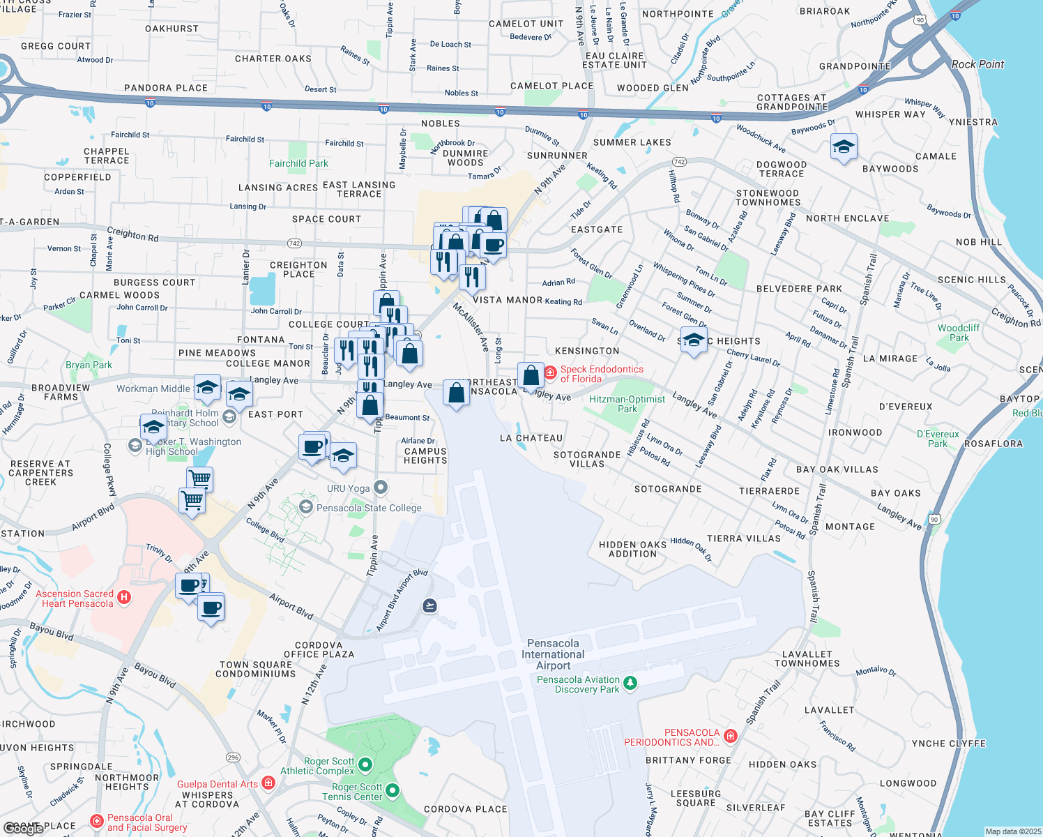 map of restaurants, bars, coffee shops, grocery stores, and more near 6233 Chablis Lane in Pensacola