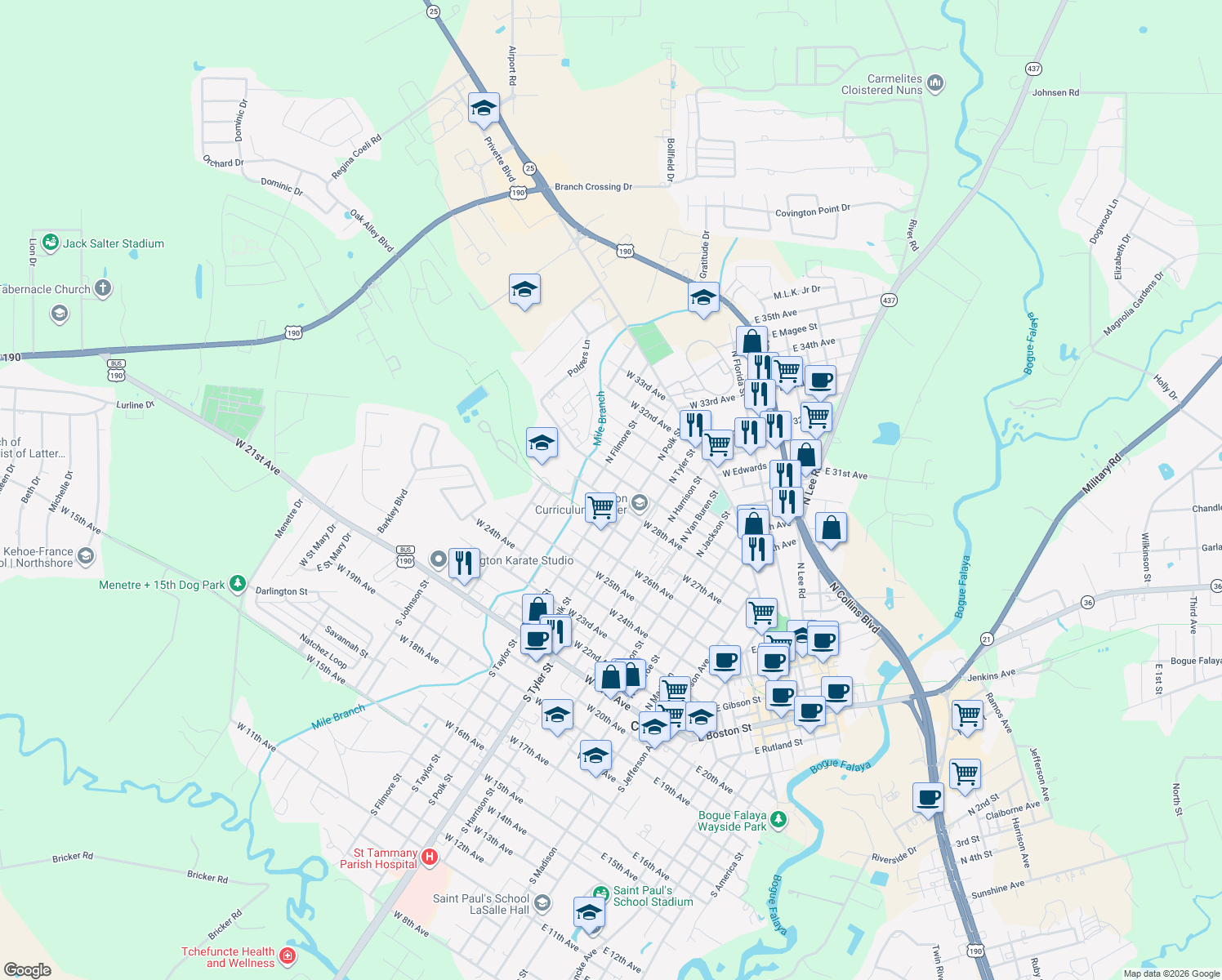 map of restaurants, bars, coffee shops, grocery stores, and more near 811 North Taylor Street in Covington