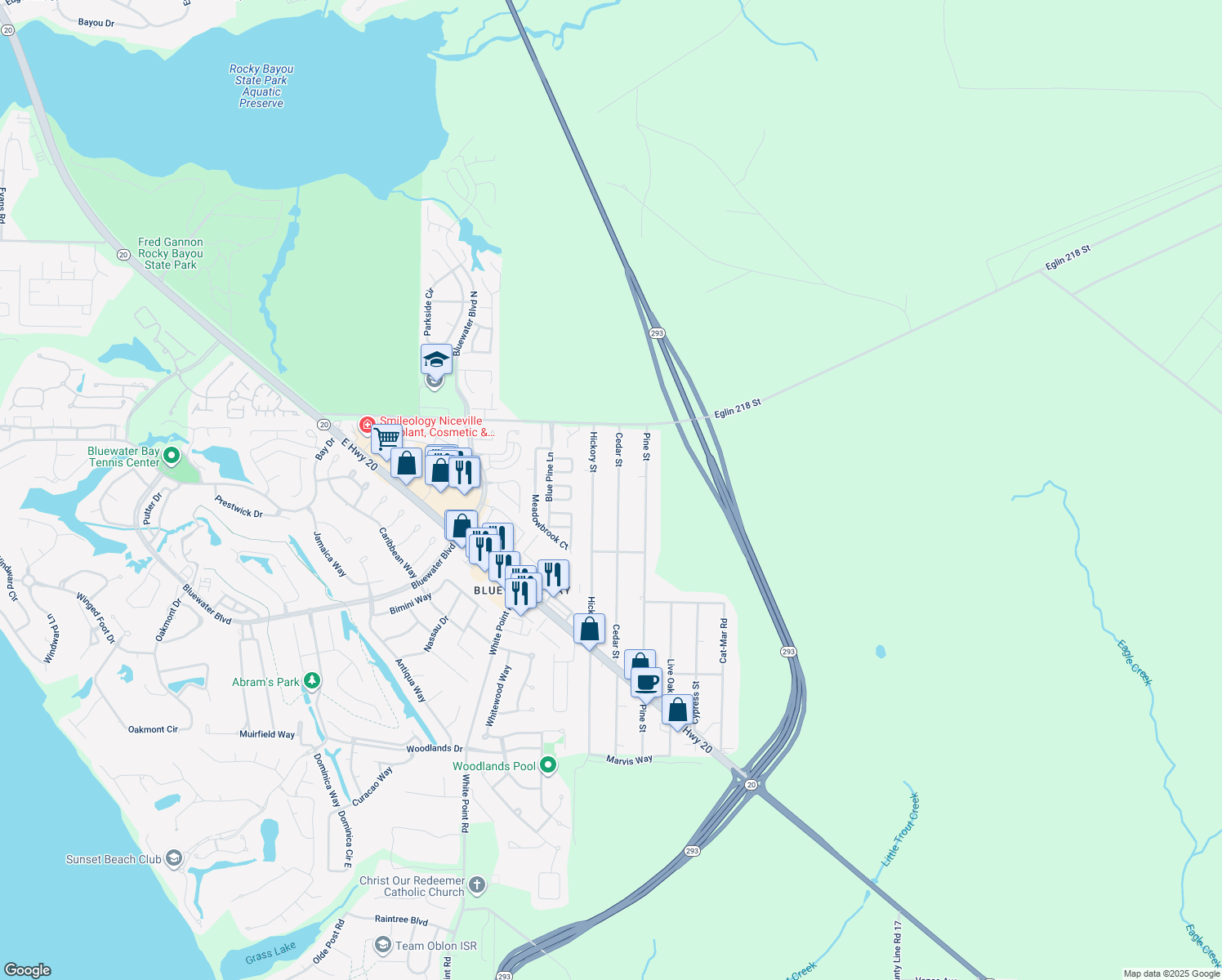 map of restaurants, bars, coffee shops, grocery stores, and more near 1562 Cedar Street in Niceville