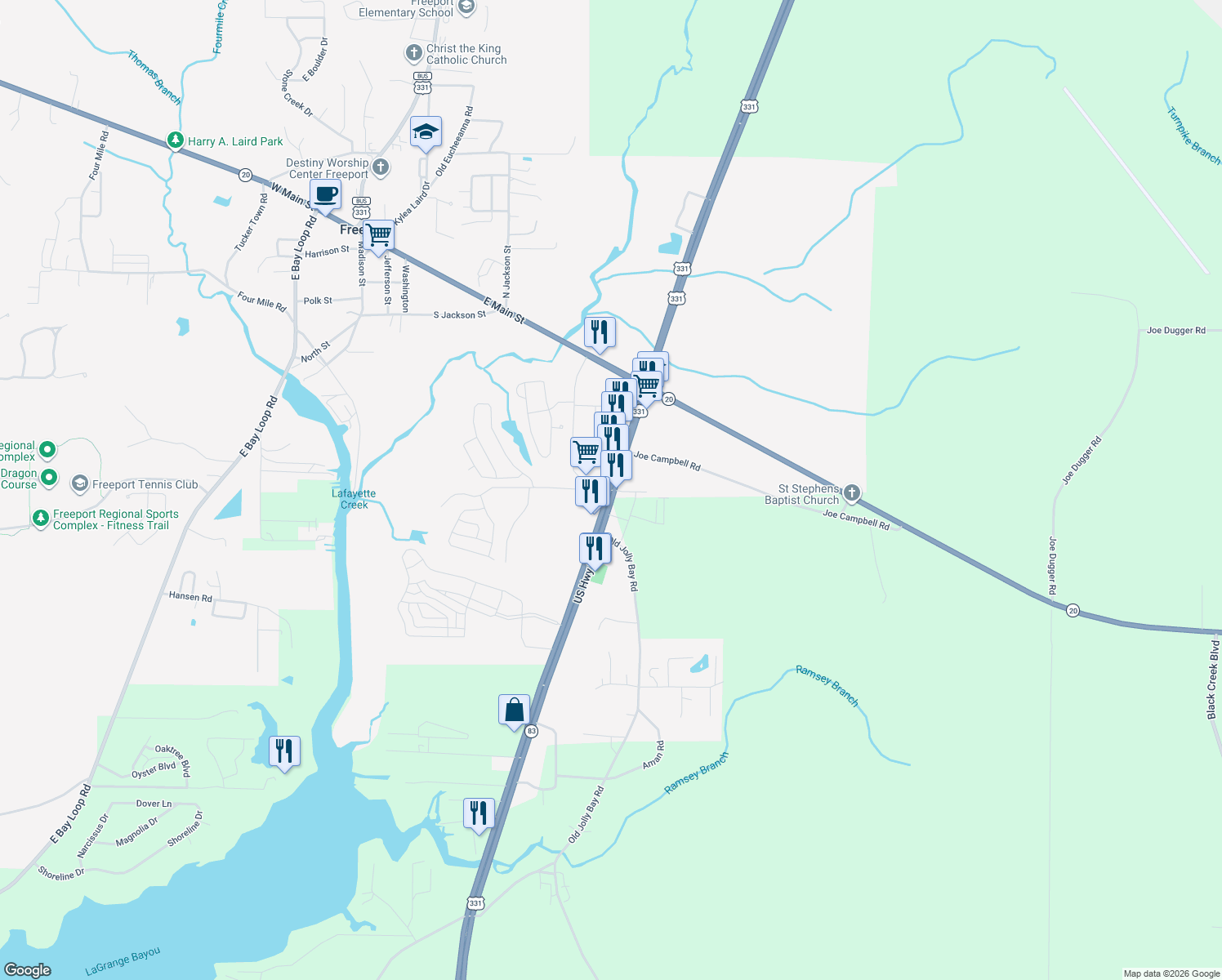 map of restaurants, bars, coffee shops, grocery stores, and more near Highway 83 in Freeport