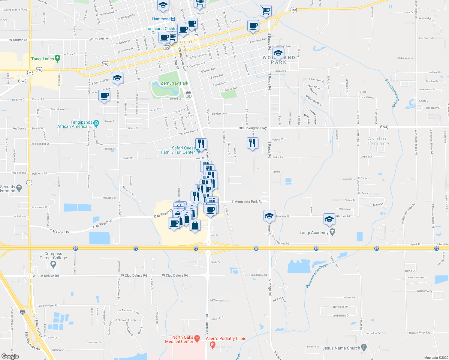 map of restaurants, bars, coffee shops, grocery stores, and more near 43170 South Holly Street in Hammond