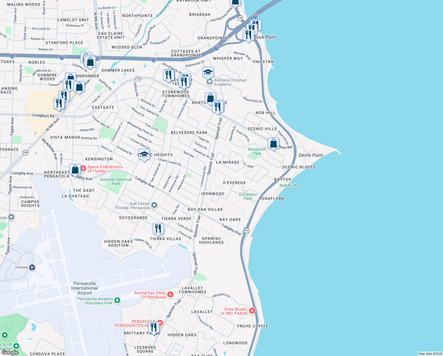 map of restaurants, bars, coffee shops, grocery stores, and more near 4359 Devereux Circle in Pensacola