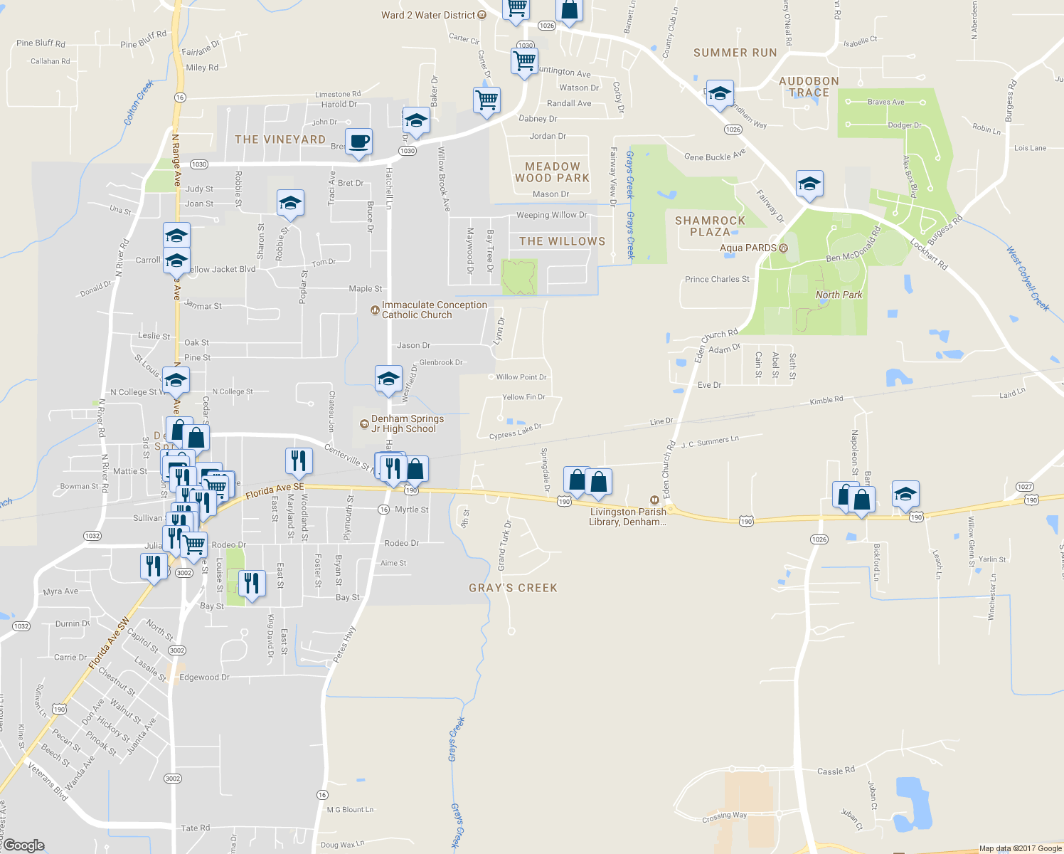 map of restaurants, bars, coffee shops, grocery stores, and more near 9185 Cypress Lake Drive in Denham Springs
