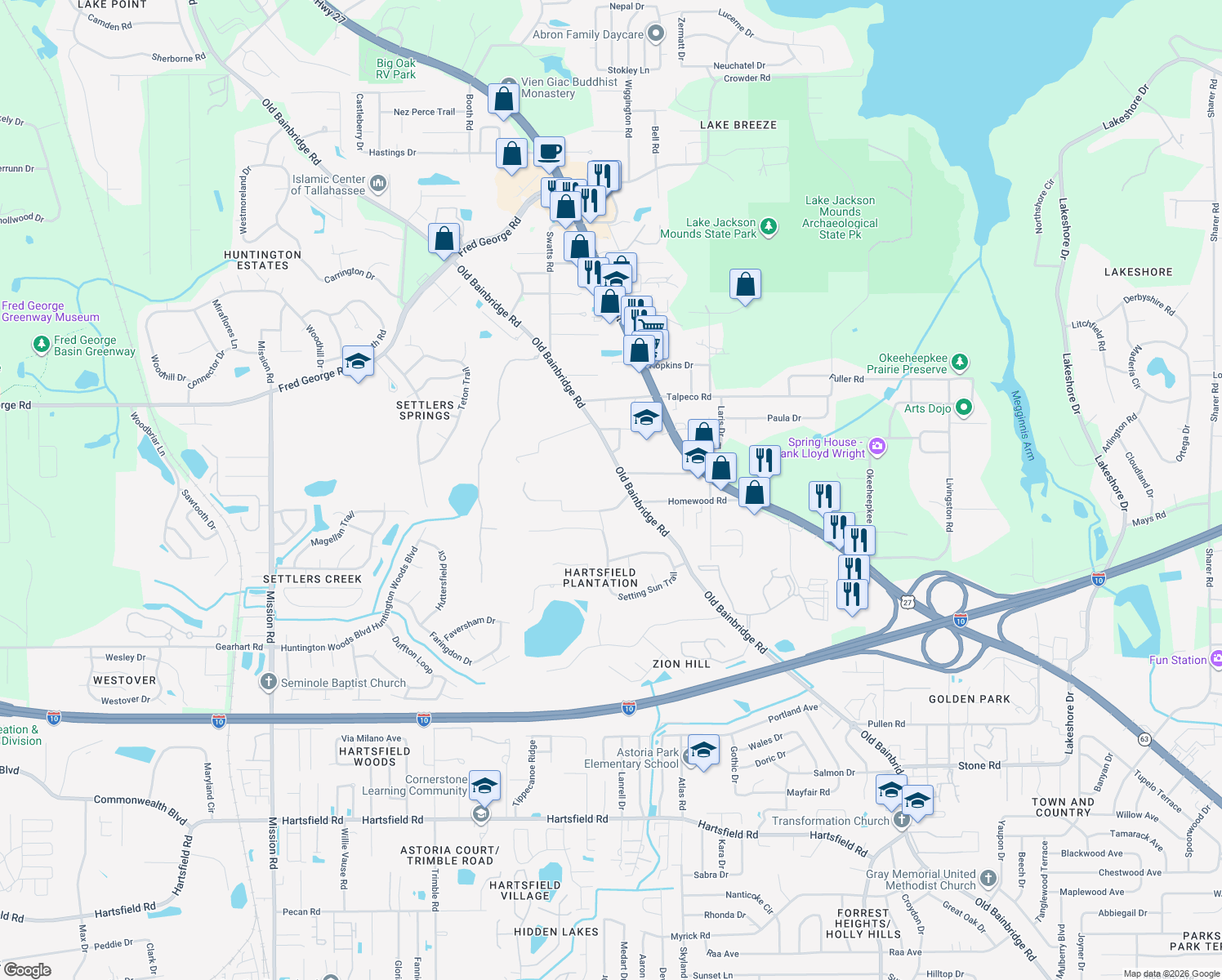 map of restaurants, bars, coffee shops, grocery stores, and more near 2982 Cavanaugh Court in Tallahassee