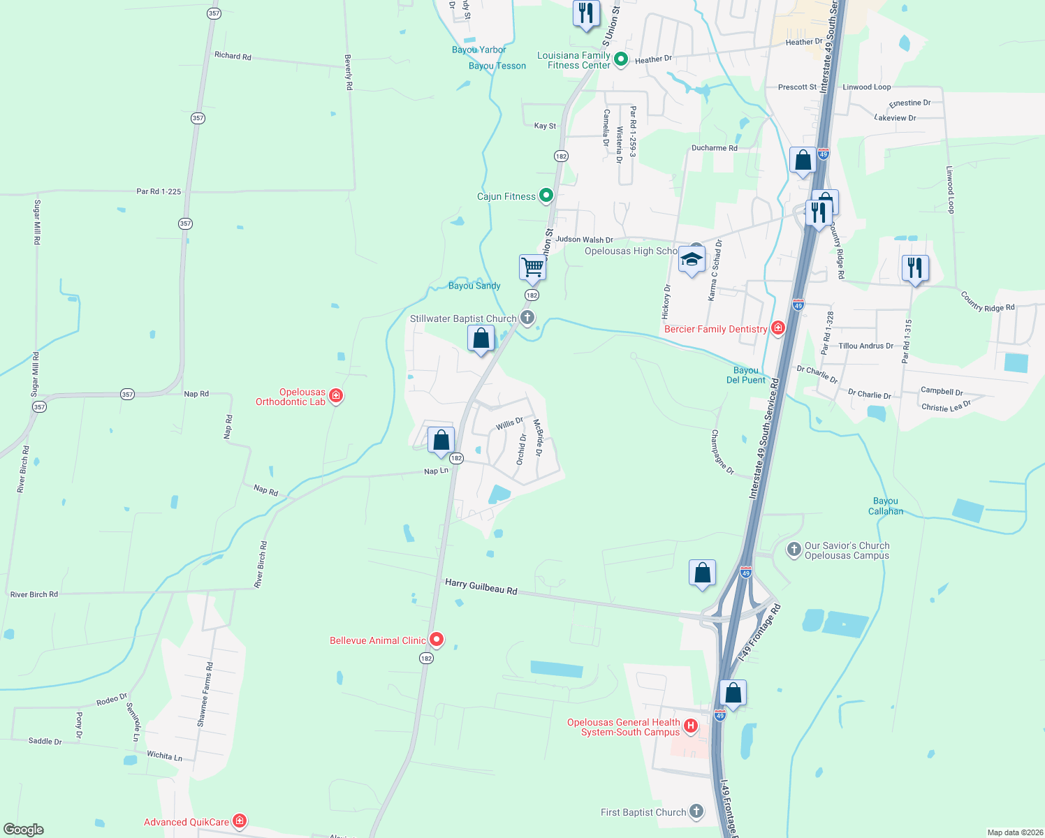 map of restaurants, bars, coffee shops, grocery stores, and more near 498 Orchid Dr in Opelousas