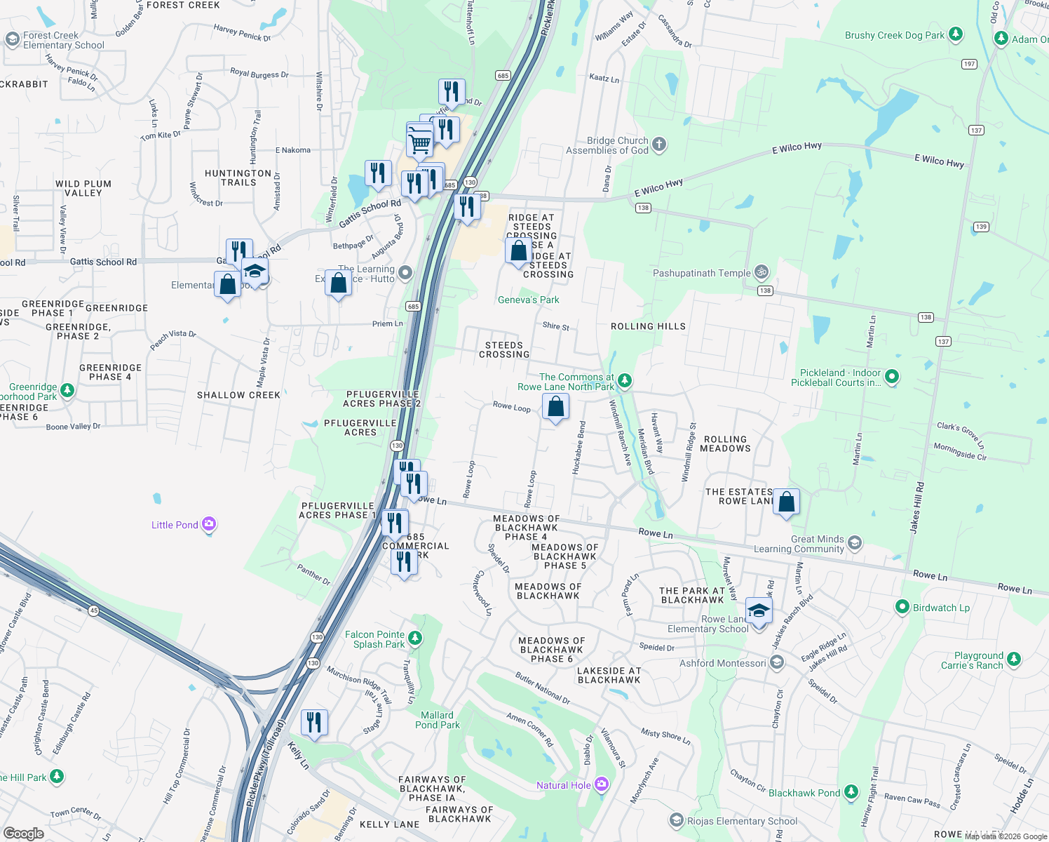 map of restaurants, bars, coffee shops, grocery stores, and more near 1931 Rowe Loop in Pflugerville