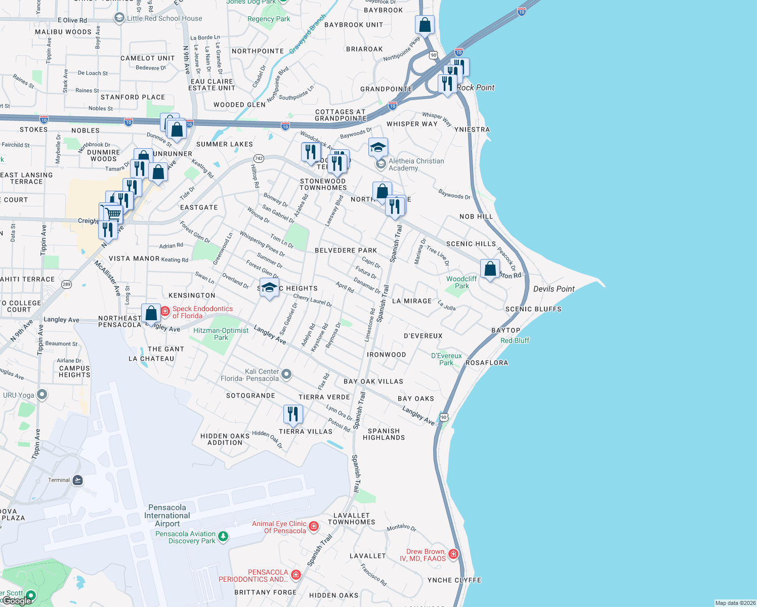 map of restaurants, bars, coffee shops, grocery stores, and more near 5990 Limestone Road in Pensacola