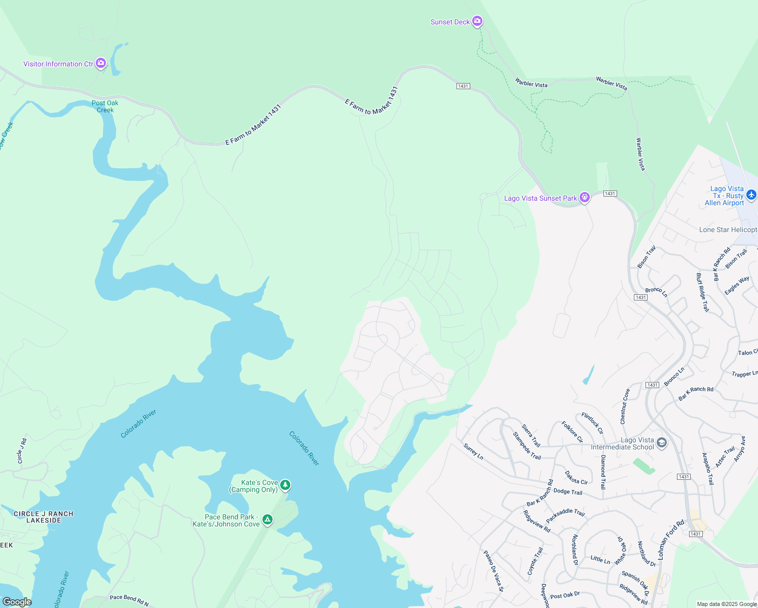 map of restaurants, bars, coffee shops, grocery stores, and more near 8100 Copper Prairie Bend in Lago Vista
