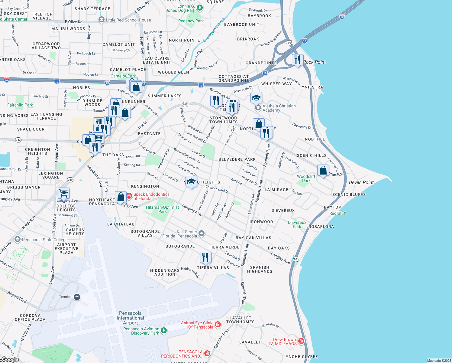 map of restaurants, bars, coffee shops, grocery stores, and more near 5970 Adelyn Rd in Pensacola