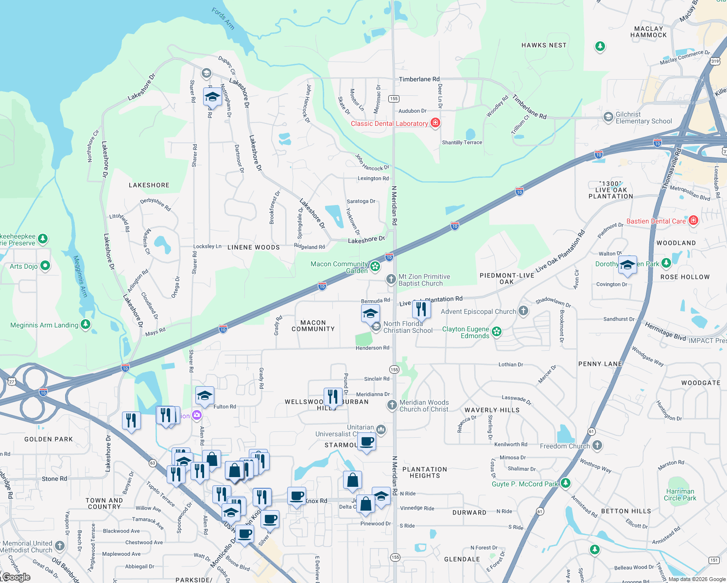 map of restaurants, bars, coffee shops, grocery stores, and more near 3108 Mae Rd in Tallahassee