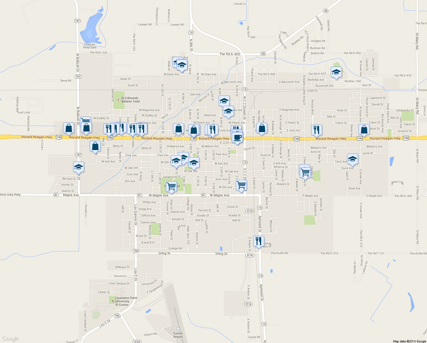 map of restaurants, bars, coffee shops, grocery stores, and more near 499 W Oak Ave in Eunice