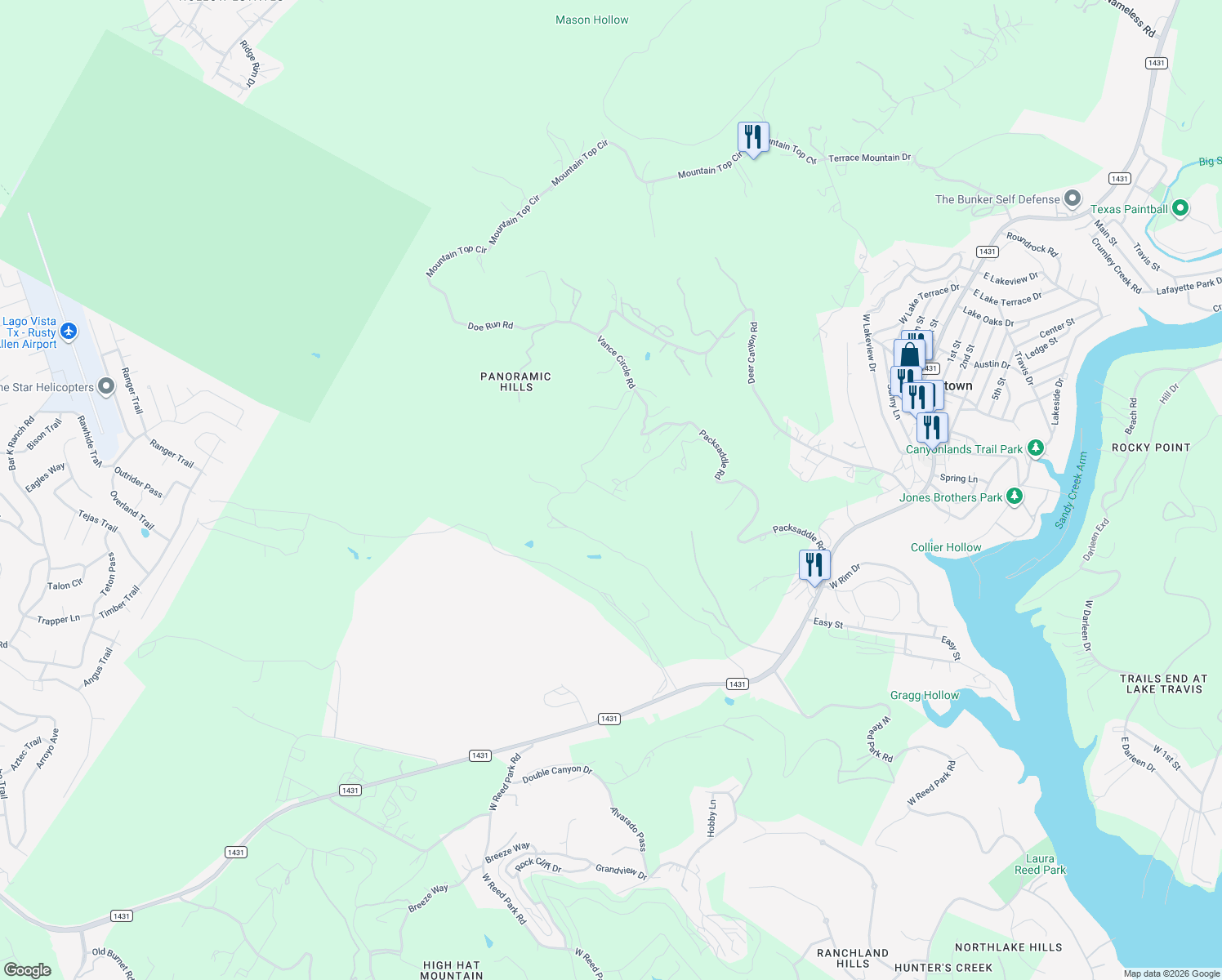 map of restaurants, bars, coffee shops, grocery stores, and more near 10200 Vassar Road in Jonestown