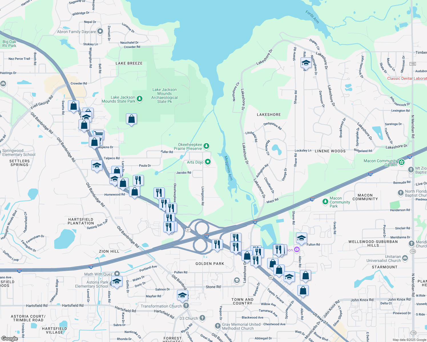 map of restaurants, bars, coffee shops, grocery stores, and more near 1203 Firethorne Lane in Tallahassee