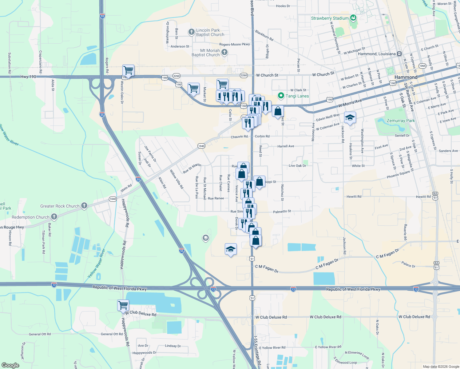 map of restaurants, bars, coffee shops, grocery stores, and more near 907 Rue Cannes in Hammond