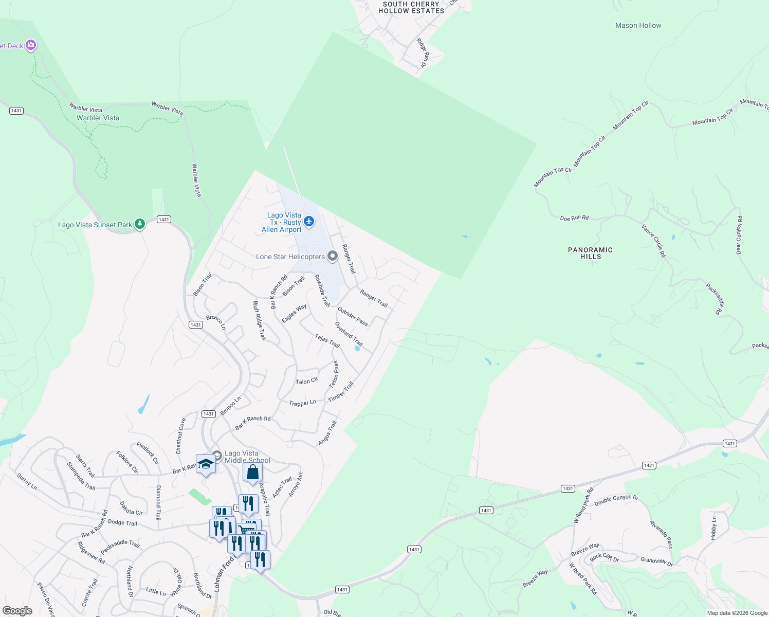 map of restaurants, bars, coffee shops, grocery stores, and more near 20703 Ranger Trail in Leander