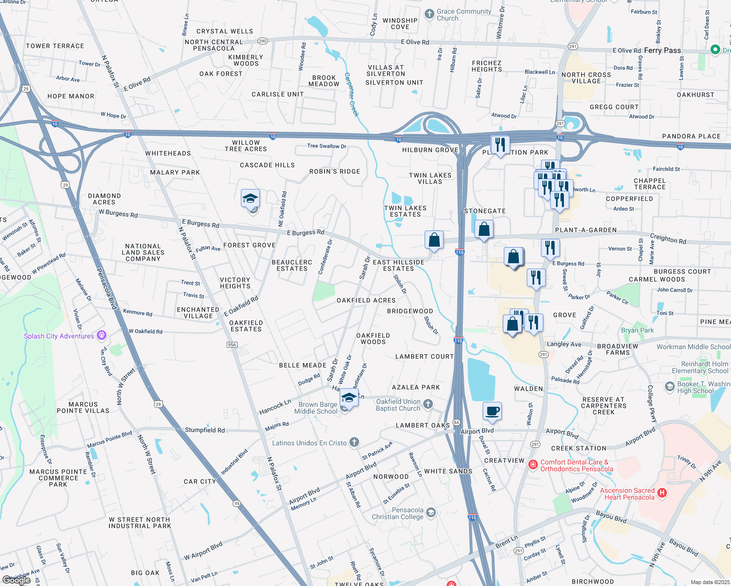 map of restaurants, bars, coffee shops, grocery stores, and more near 203 Gettysburg Drive in Pensacola